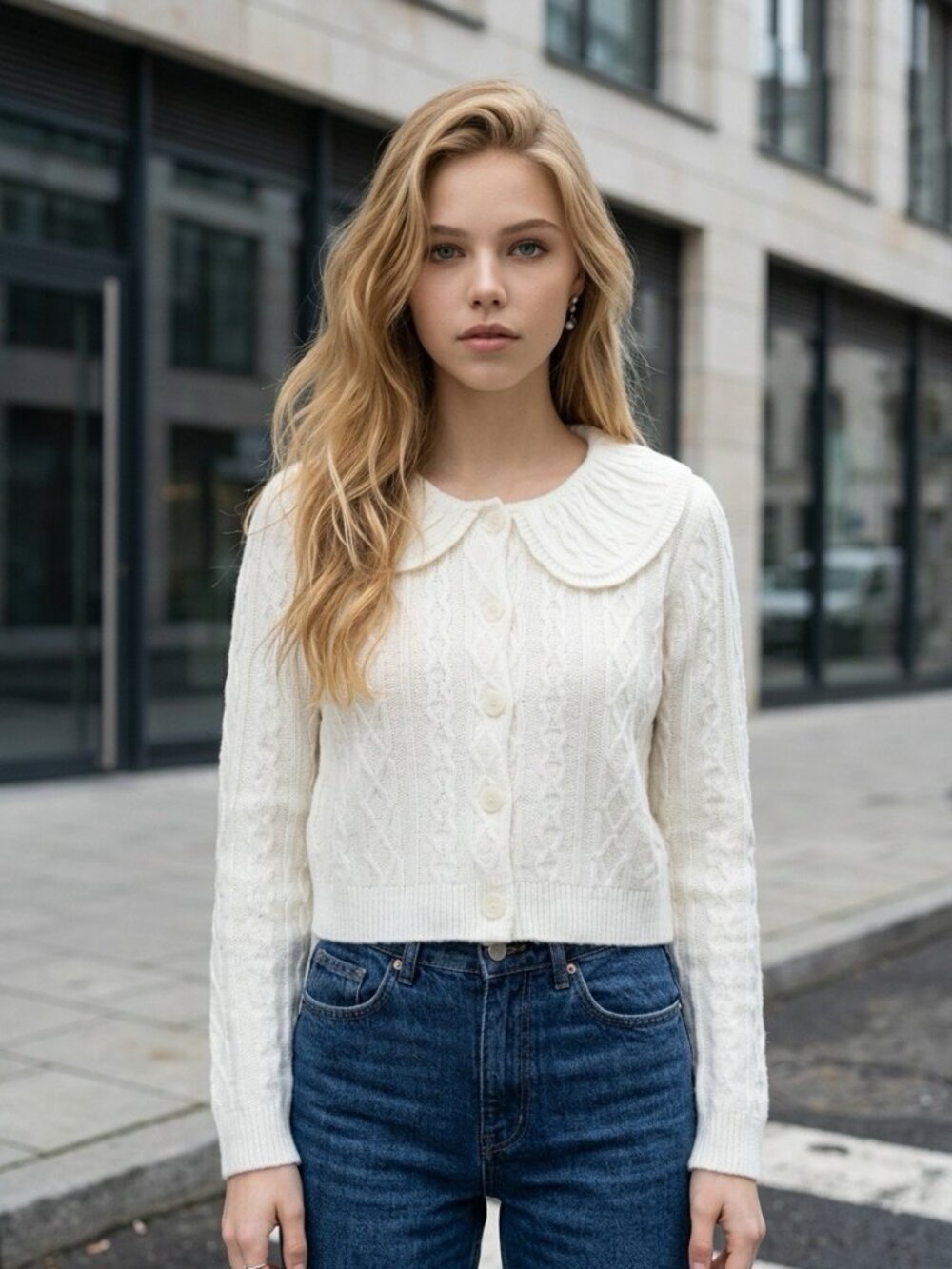 NWT Caroline Constas Ivory Cable Knit Sailor Collar Cardigan S